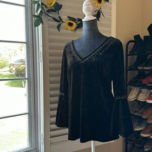 A Diva Stretch Velvet Top with Gold and Silver Embroidered V Neck and Tie Back